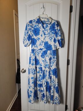 Blue Floral Button-Front Women's Midi Dress by Pants Store with pockets.No size